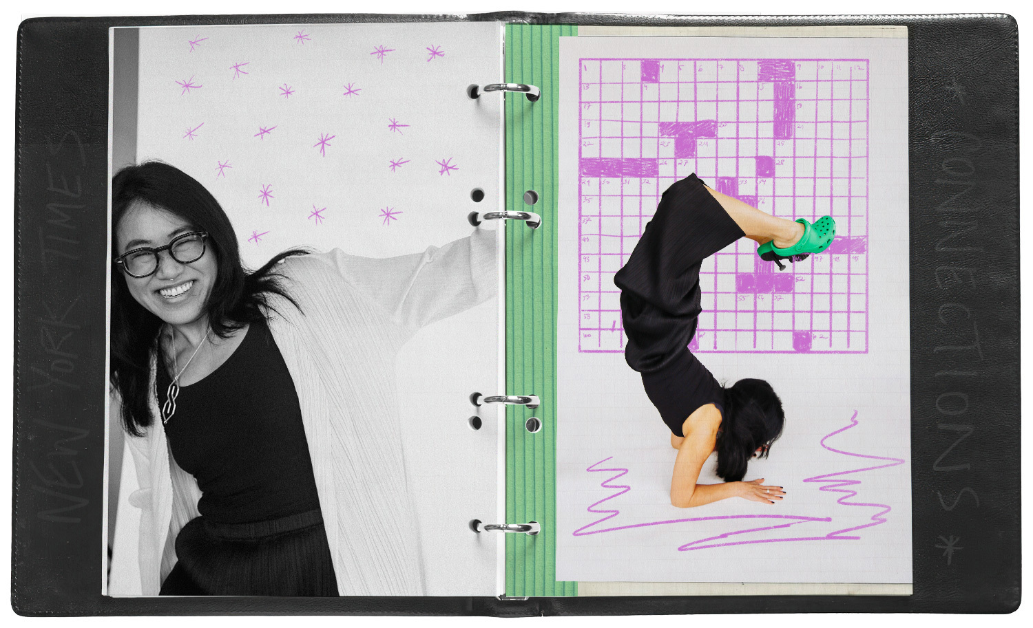 Connections editor Wyna Liu doing a forearm stand in front of a drawing of a crossword