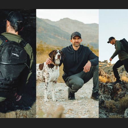 Side-by-side images featuring Michael Easter in various rugged scenes: kneeling with his dog, walking with his GoRuck, scrambling on rocks.