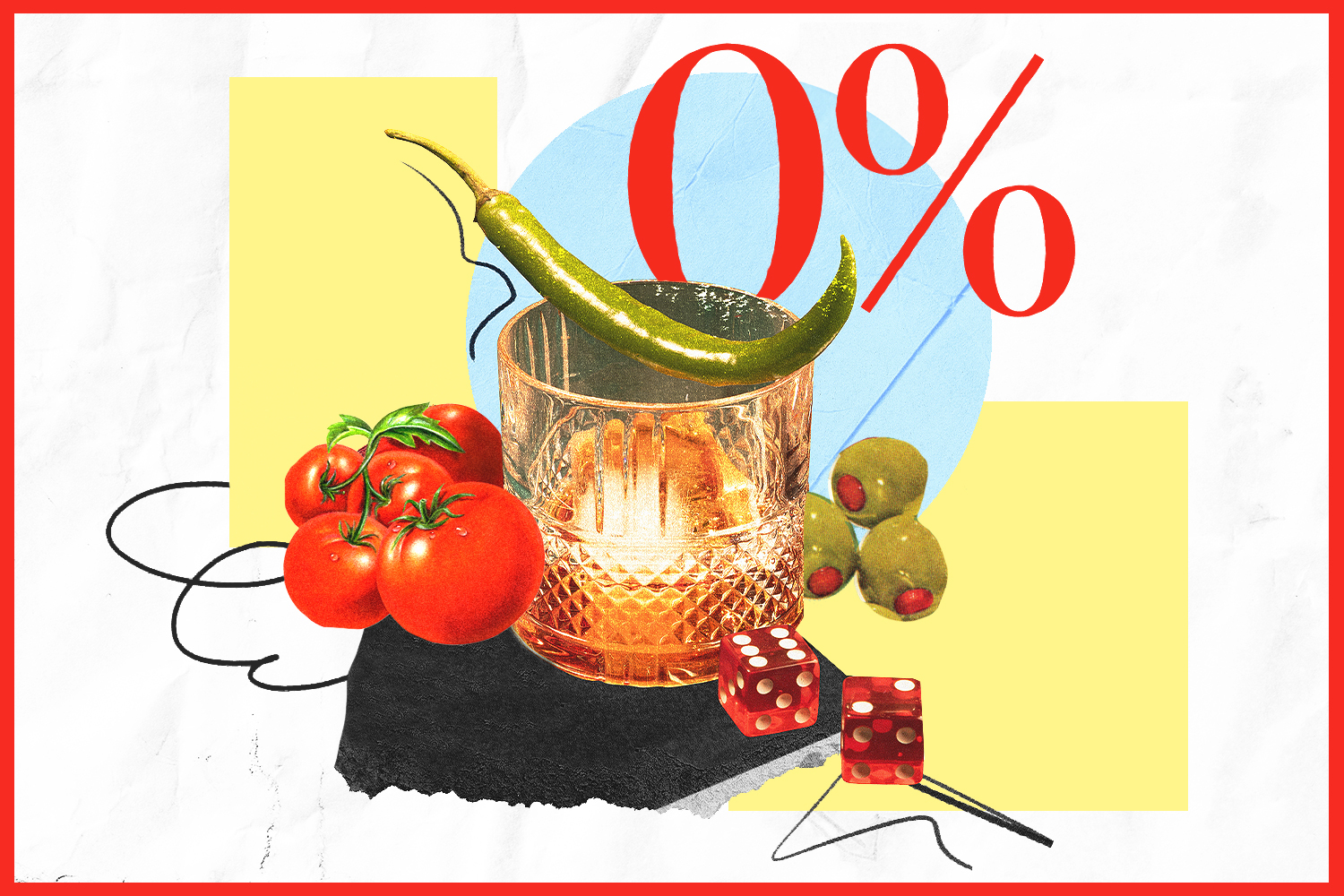 An illustration of a rocks glass surrounded by olives, dice, tomatoes and 0% text