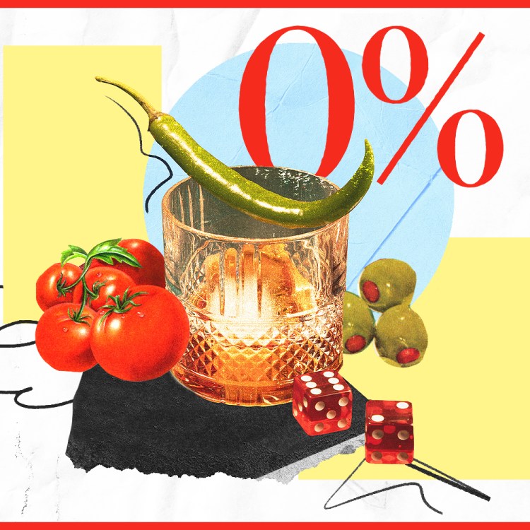 An illustration of a rocks glass surrounded by olives, dice, tomatoes and 0% text