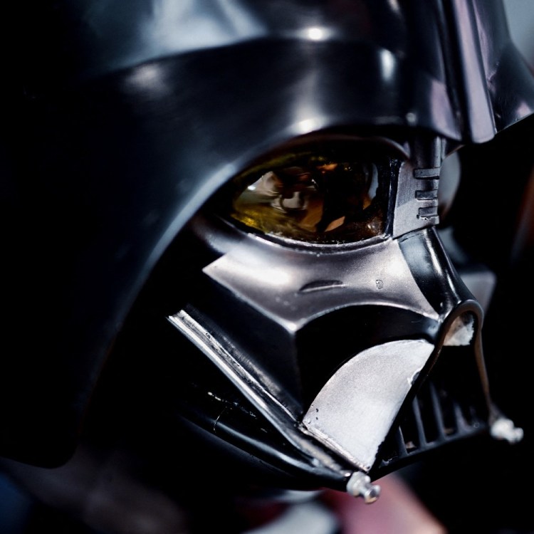 A close-up of Darth Vader's helmet